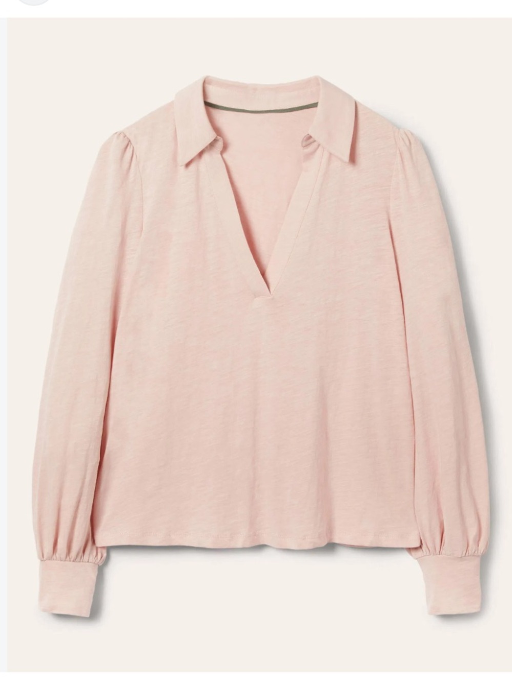 Boden Pale Pink Collared Notch Neck Cropped Long Sleeve Cotton Minimalist Top